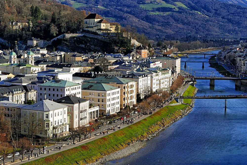 Salzach River and Kapuzinerberg Hill, Salzburg, Austria, Europe