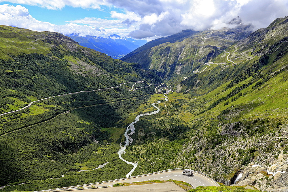 Gletsch with Rhone River, Grimsel and Furka Pass Roads, Canton of Valais, Switzerland, Europe