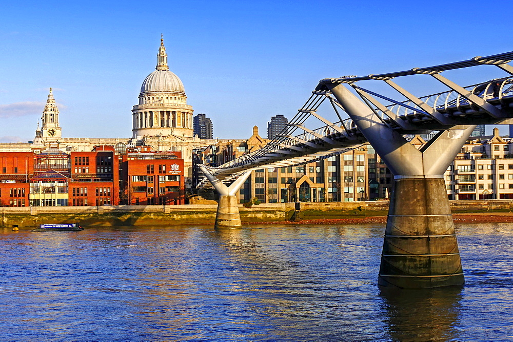 Millennium Bridge, Thames River and St. Pauls Cathedral, London, England, United Kingdom, Europe