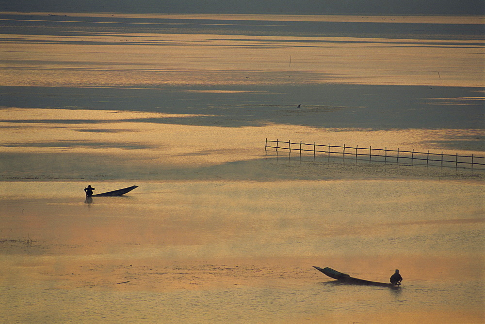 Two boats fishing at dawn, Inle Lake, Shan State, Myanmar (Burma), Asia