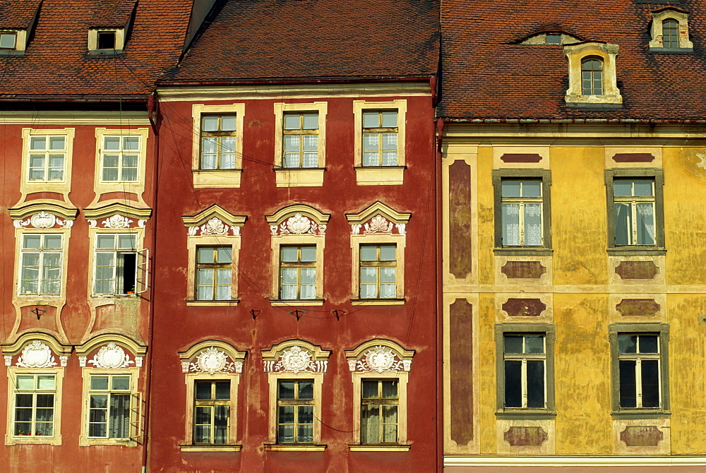 Close-up of facades of traditional buildings on the market square of the medieval town of Cheb in Bohemia, Czech Republic, Europe