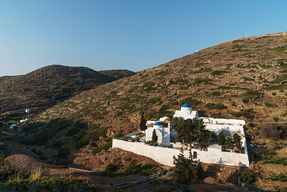 Kastro Village monastery and cemetery in the hills, Sifnos, Cyclades, Greek Islands, Greece, Europe