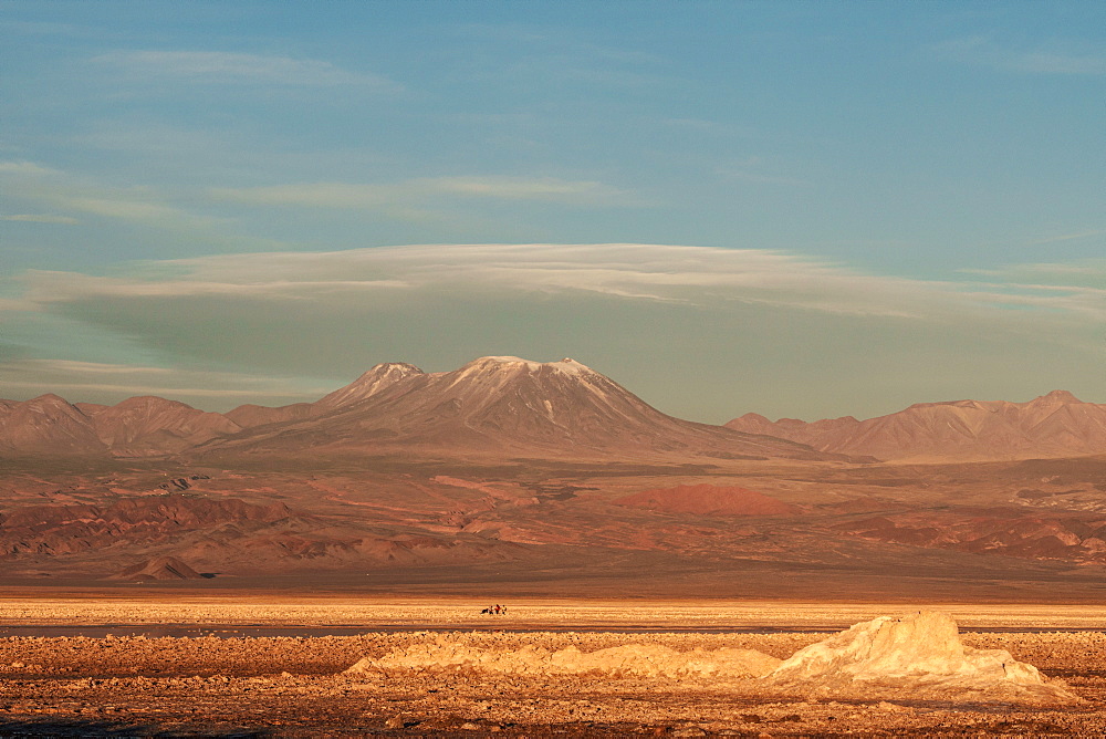 Hikers out on the Atacama Salt Flats, with snow-capped volcanic peak in the background, near San Pedro de Atacama, Chile, South America