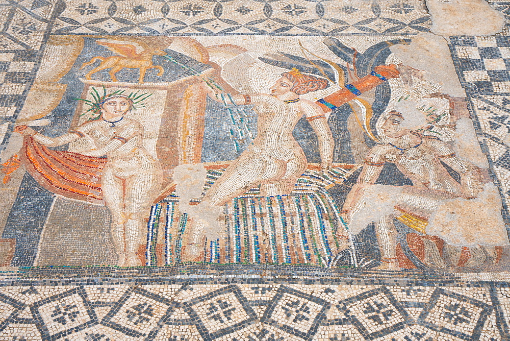 Mosaic of Diana and the bathing Nymphs from the Roman ruins, Volubilis, UNESCO World Heritage Site, near Meknes, Morocco, North Africa, Africa