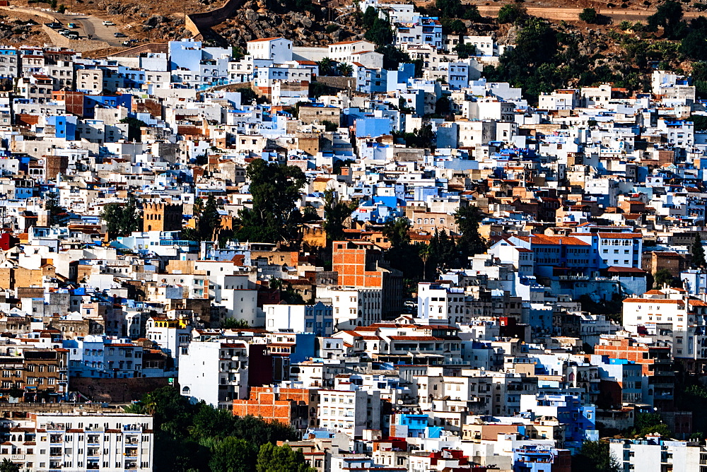 Close-up aerial cityscape of Chefchaouen, known as the Blue City, set in the Rif Mountains, Morocco, North Africa, Africa