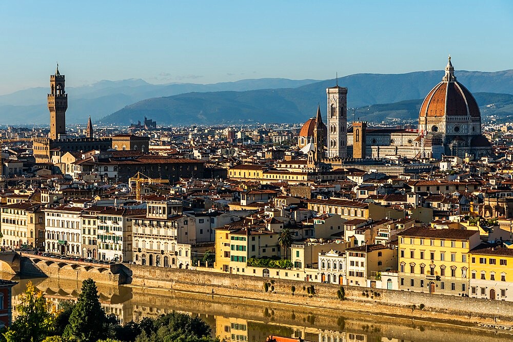 Aerial view in afternoon sun of Florence, UNESCO World Heritage Site, from Piazzale Michelangelo, Tuscany, Italy, Europe