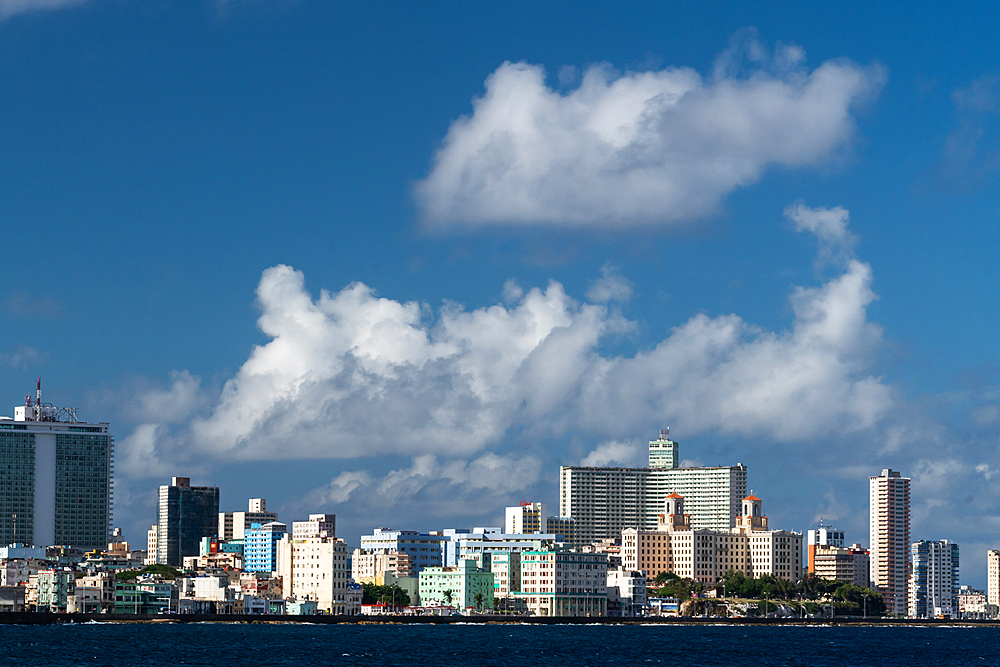 View of Modern Havana coastline from the sea. Havana, Cuba