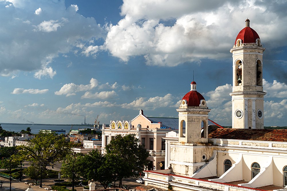 Aerial view of main square with Cathedral, Tomas Terry Theatre and port behind, Cienfuegos, Cuba 1