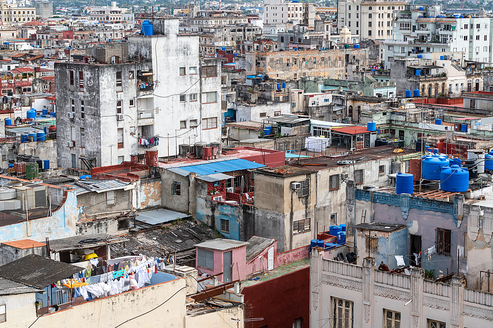 Aerial view across Old Havana with washing out to dry in foreground, Havana, Cuba 1