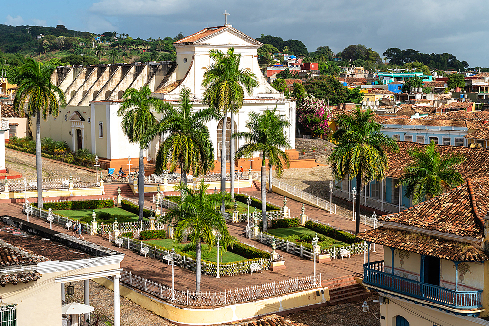 Aerial view of Cathedral and main square, with horsedrawn carriage, Trinidad, Cuba