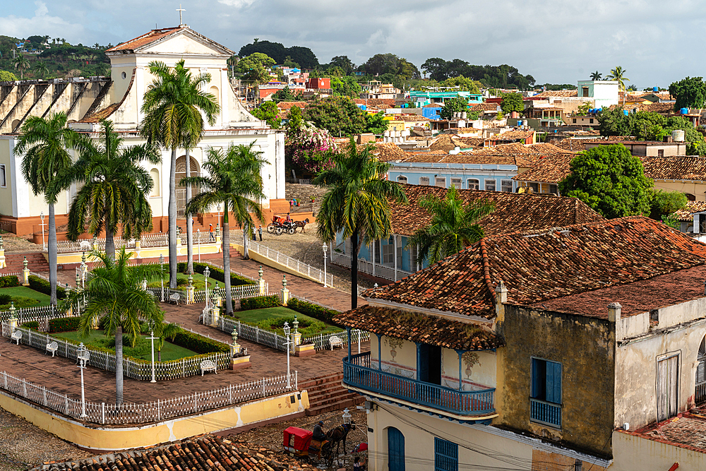 Aerial view of Cathedral and main square, with horsedrawn carriages, Trinidad, Cuba