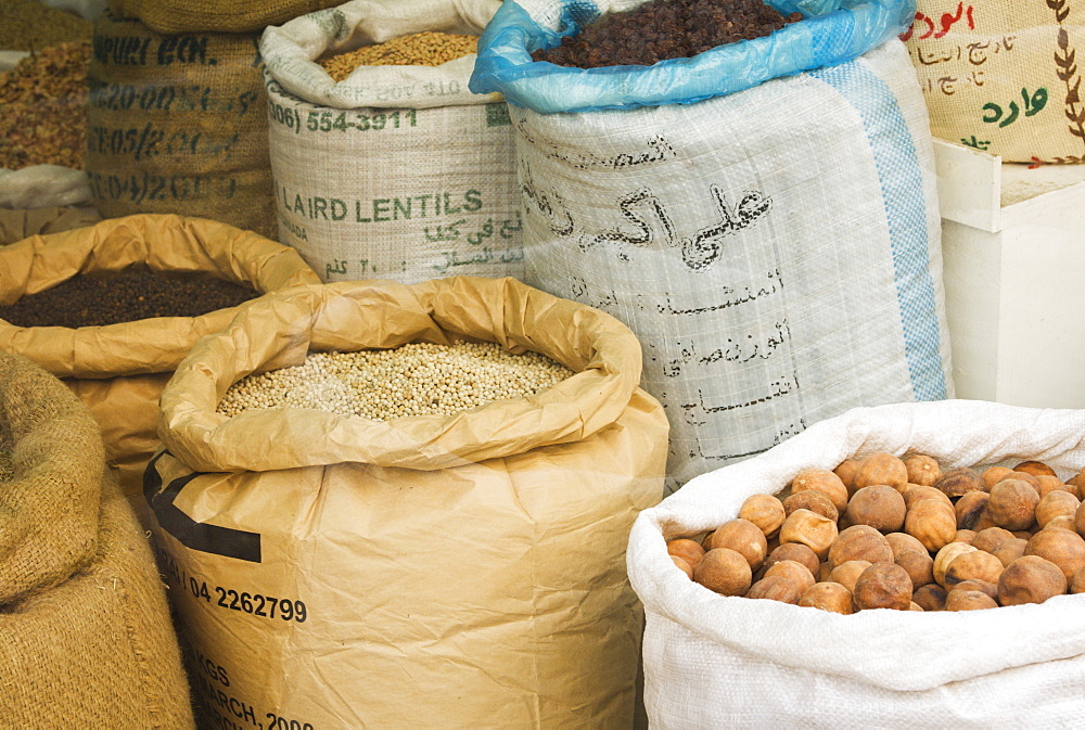 Sacks of nuts and lentils in the Spice Souk, Deira, Dubai, United Arab Emirates, Middle East