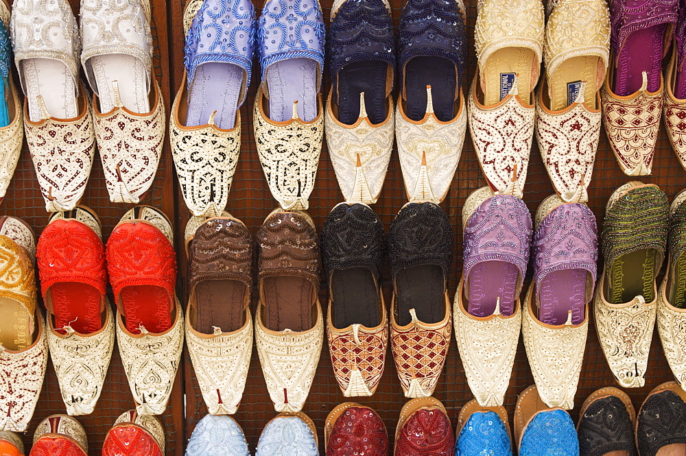 Curly toed slippers for sale in Bur Dubai Souk, Dubai, United Arab Emirates, Middle East