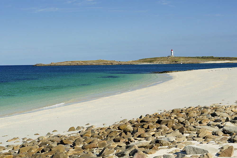 Beach and lighthouse, Island of Glenan, Brittany, France, Europe