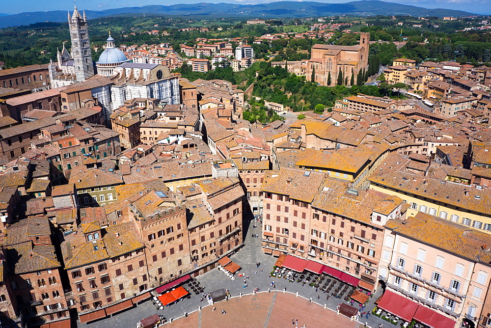 View of Duomo from Torre del Mangia, Piazza del Campo, UNESCO World Heritage Site, Siena, Tuscany, Italy, Europe