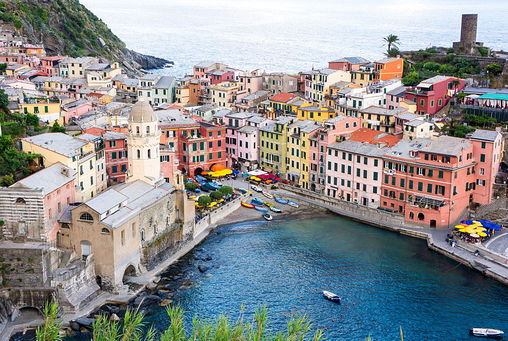 High angle view of Vernazza, Cinque Terre, UNESCO World Heritage Site, Liguria, Italy, Europe