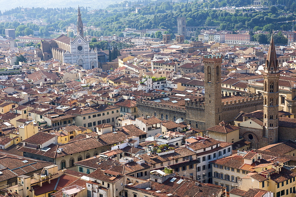 Aerial view from Giotto belltower of Duomo and Basilica of Santa Croce, Florence, UNESCO World Heritage Site, Tuscany, Italy, Europe