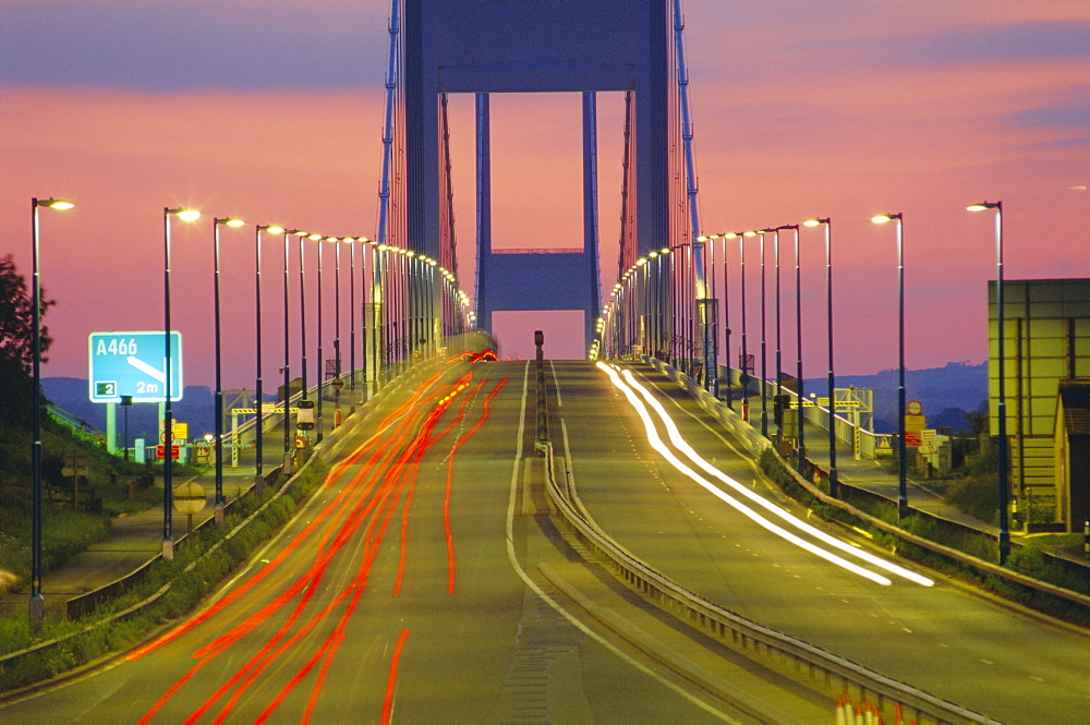 Old (first) Severn Bridge at dusk, Avon, England, UK 