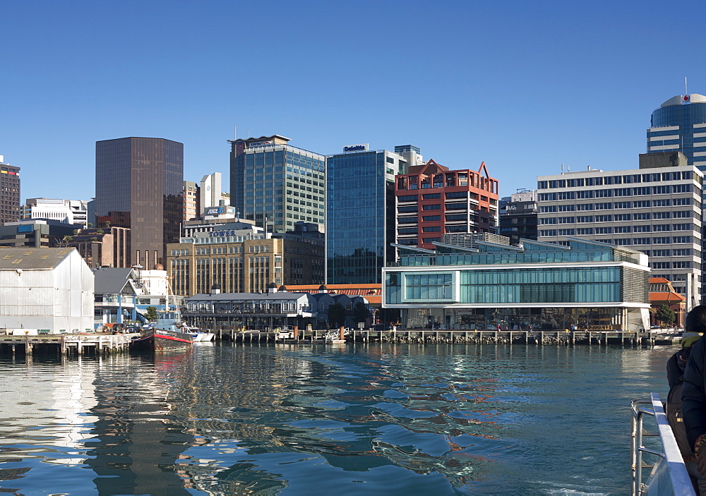 Waterfront and Queens Wharf from the harbour, Wellington, North Island, New Zealand, Pacific