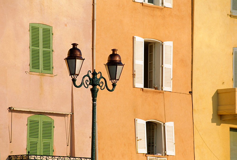 Street lamp and windows, St. Tropez, Cote d'Azur, Provence, France, Europe