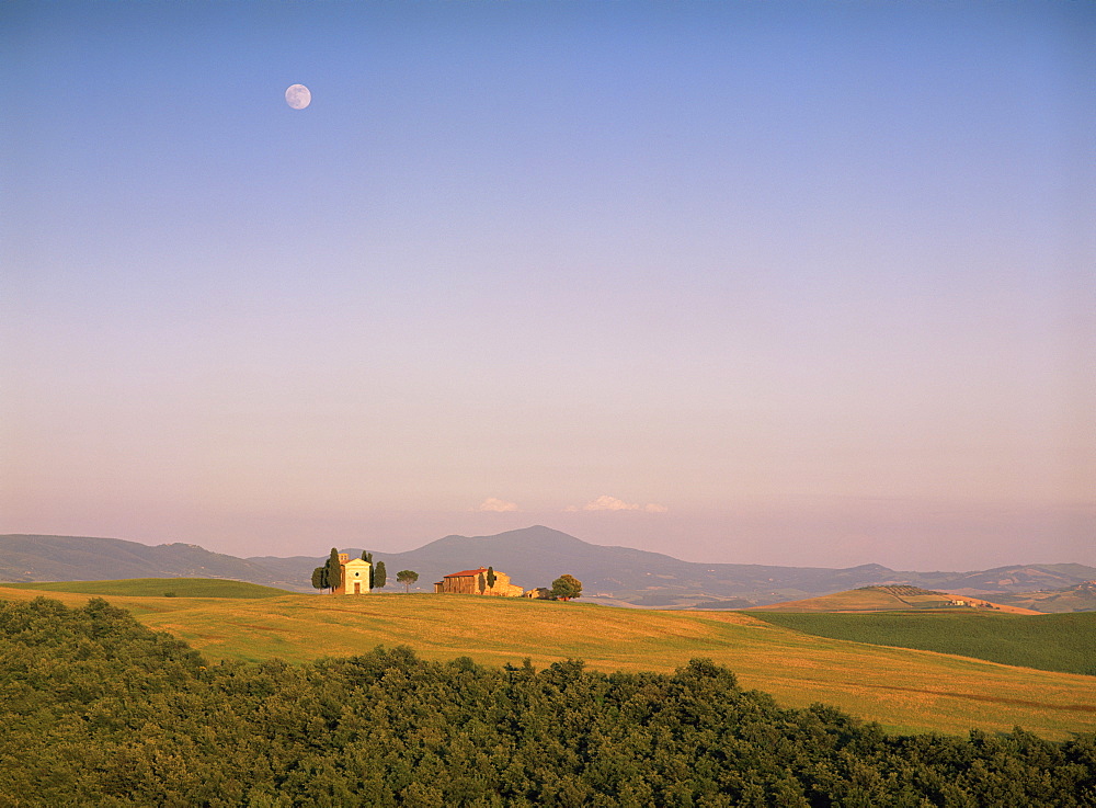 Chapel and moon, near Pienza, Siena Province, Tuscany, Italy, Europe