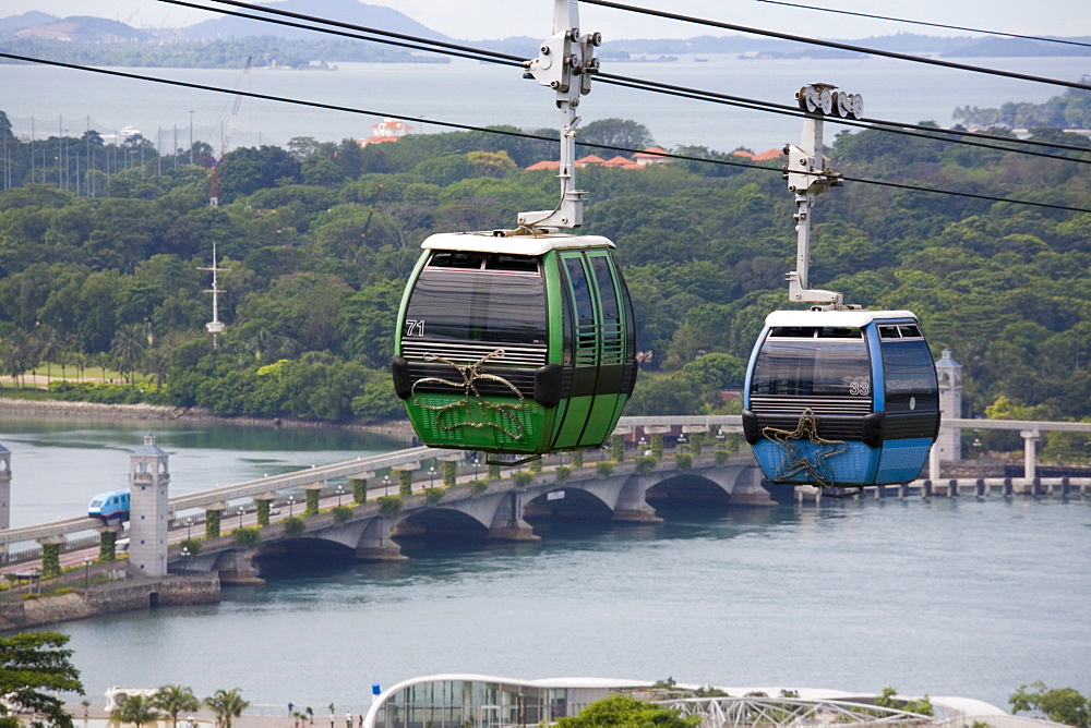 View of Sentosa Island cable car and road bridge across Keppel Channel from Mount Faber Jewel Box station, Central Region, Singapore, Southeast Asia, Asia