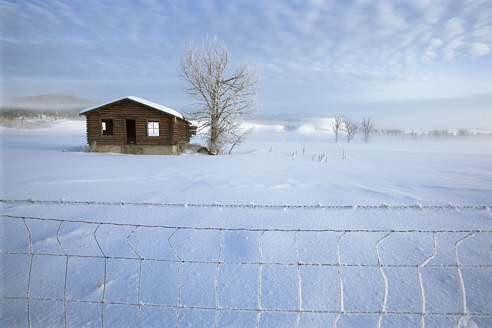 Old house in winter, West Yellowstone, Montana, United States of America (U.S.A.), North America