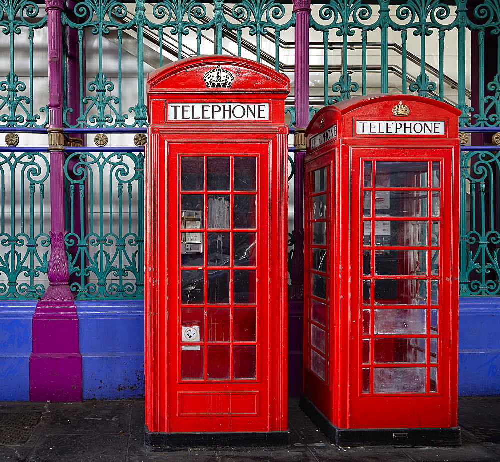 London red phone boxes, Smithfield Market, London, England, United Kingdom, Europe