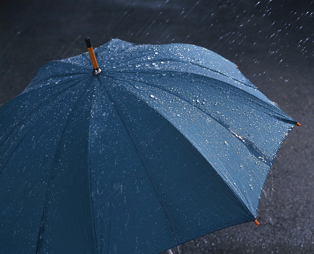 High-angle view of a close-up of rain falling on a single open green umbrella