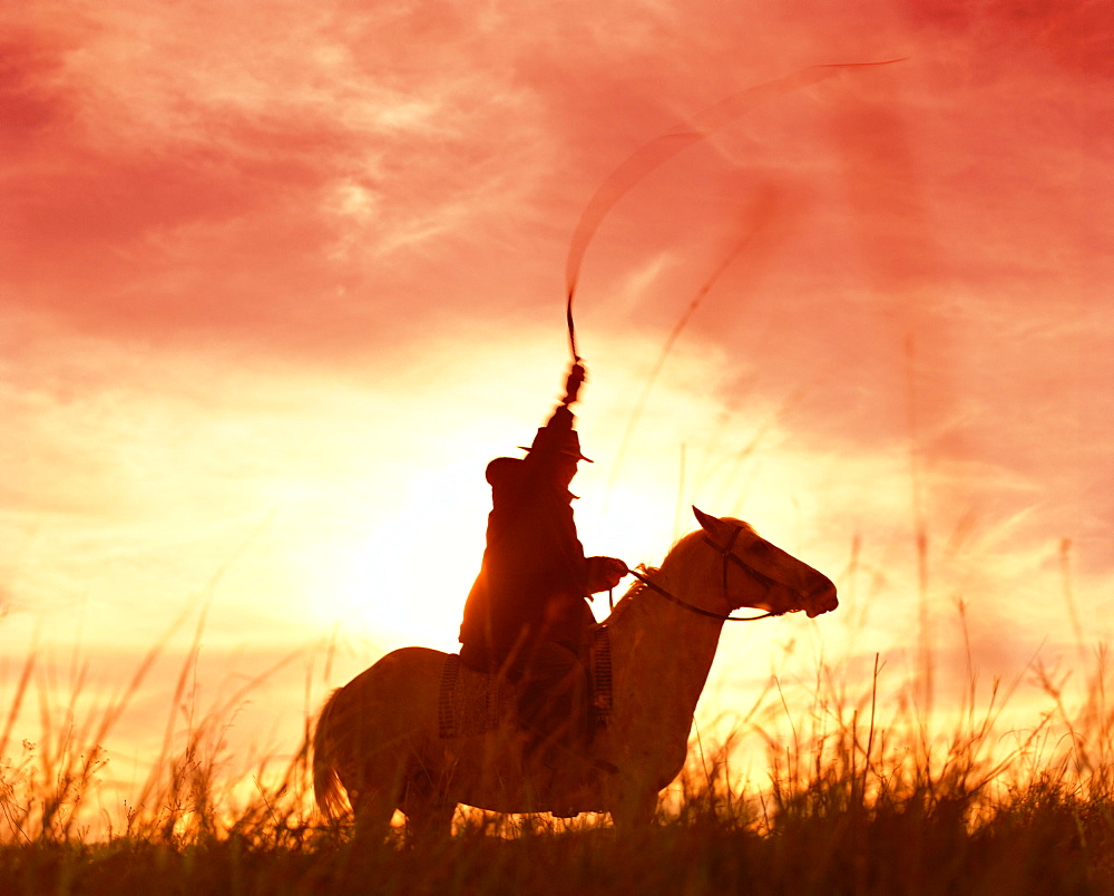 Profile of a stockman on a horse against the sunset, Queensland, Australia, Pacific