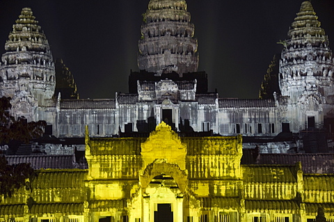 Angkor Wat Temple, UNESCO World Heritage Site, at night, lit for a special light show, Siem Reap, Cambodia, Indochina, Southeast Asia, Asia