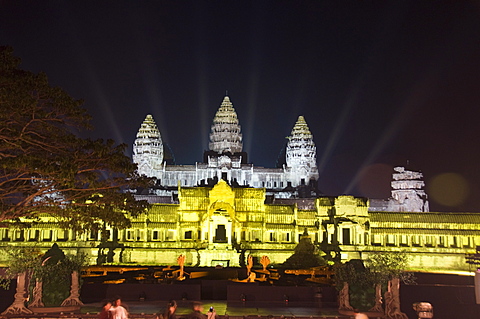 Angkor Wat Temple, UNESCO World Heritage Site, at night, lit for a special light show, Siem Reap, Cambodia, Indochina, Southeast Asia, Asia