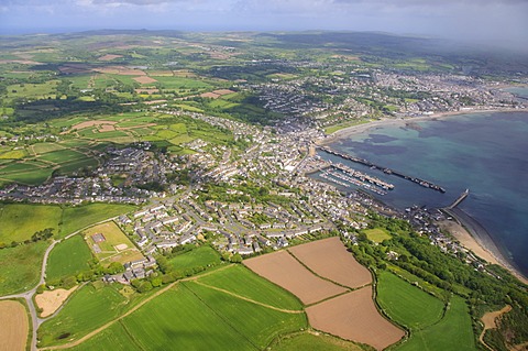 Aerial shot of Newlyn Fishing harbour near Penzance, Cornwall, England, United Kingdom, Europe