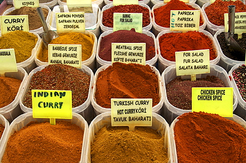 Spices on stall in the market in Kalkan, Anatolia, Turkey, Asia Minor, Eurasia