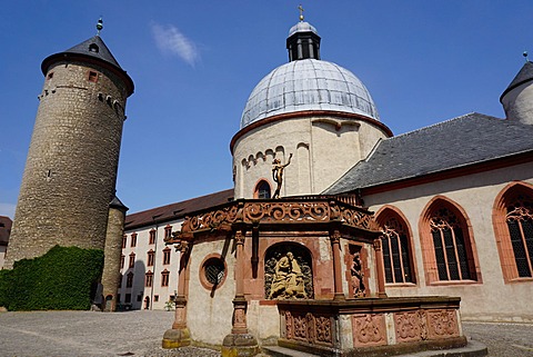 Maschikuli Tower and the Marienkirche, one of the oldest round churches in Germany, Marienberg Fortress, Wurzburg, Bavaria, Germany, Europe