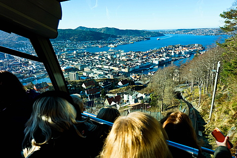 Floibanen funicular railway with view of Bergen from Mount Floyen, Bergen, Hordaland, Norway, Scandinavia, Europe