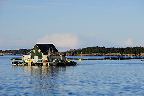 Fish farm with floating house, Aversund Fjord, near Bergen, Hordaland, Norway, Scandinavia, Europe