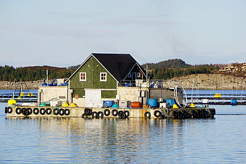 Fish farm with floating house, Aversund Fjord, near Bergen, Hordaland, Norway, Scandinavia, Europe