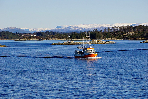 Fishing boat in Fjord, near Bergen, Hordaland, Norway, Scandinavia, Europe