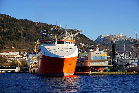 View on the harbour with oil industry support ship, Bergen, Hordaland, Norway, Scandinavia, Europe