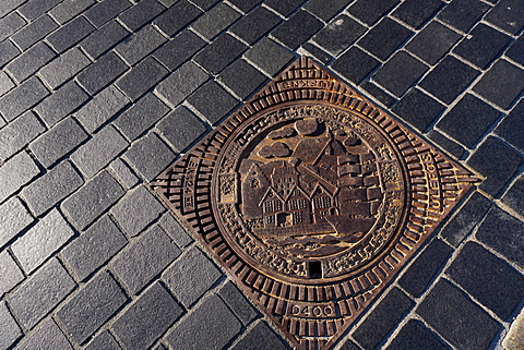 Decorative manhole cover, Bergen, Norway, Hordaland, Norway, Scandinavia, Europe