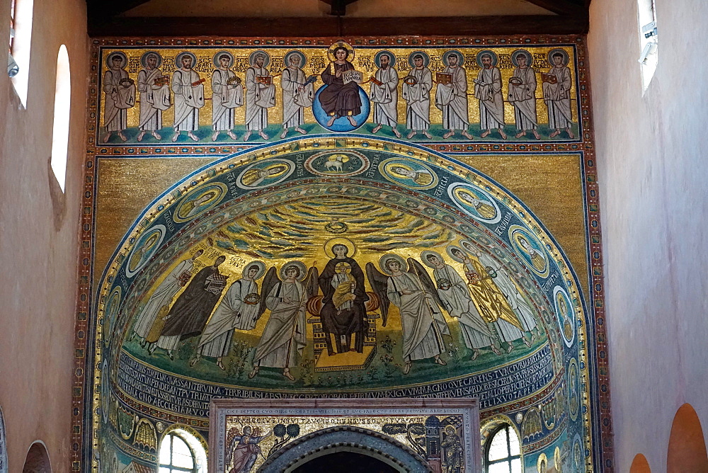 Ciborium from the 12th century in front of an apse mosaic from the 6th century, Euphrasian Basilica, UNESCO World Heritage Site, Porec, Istra Peninsula, Croatia, Europe