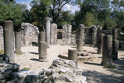 Archaeological site with fine mosaic floor covered up, Butrinti, Albania, Europe