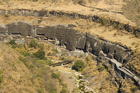 Ajanta Cave complex, Buddhist Temples carved into solid rock dating from the 5th Century BC, Ajanta, Maharastra, India