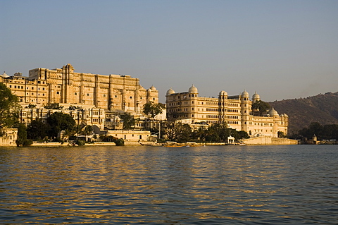 View of the City Palace and hotels from Lake Pichola, Udaipur, Rajasthan,  India