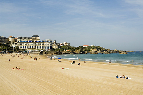 The beach with the congress center in the background, Biarritz, Cote Basque, Basque country, Pyrenees-Atlantiques, Aquitaine, France, Europe