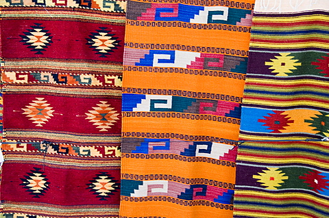 Traditional woven fabrics in tourist shops, Mitla, Oaxaca, Mexico, North America