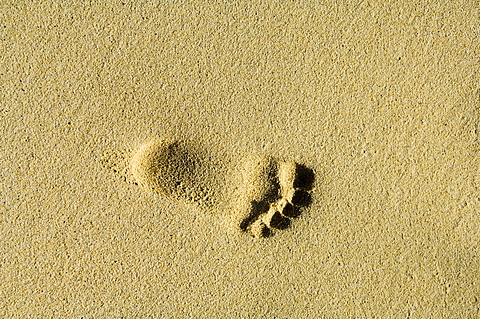 Child's footprints on beach at Santa Maria, Sal (Salt), Cape Verde Islands, Africa