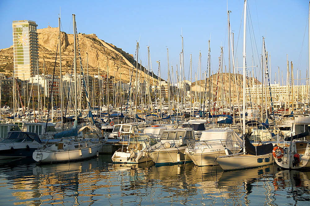 Harbour, hotel Tryp Gran Sol and Santa Barbara castle in background, Alicante, Valencia province, Spain, Europe