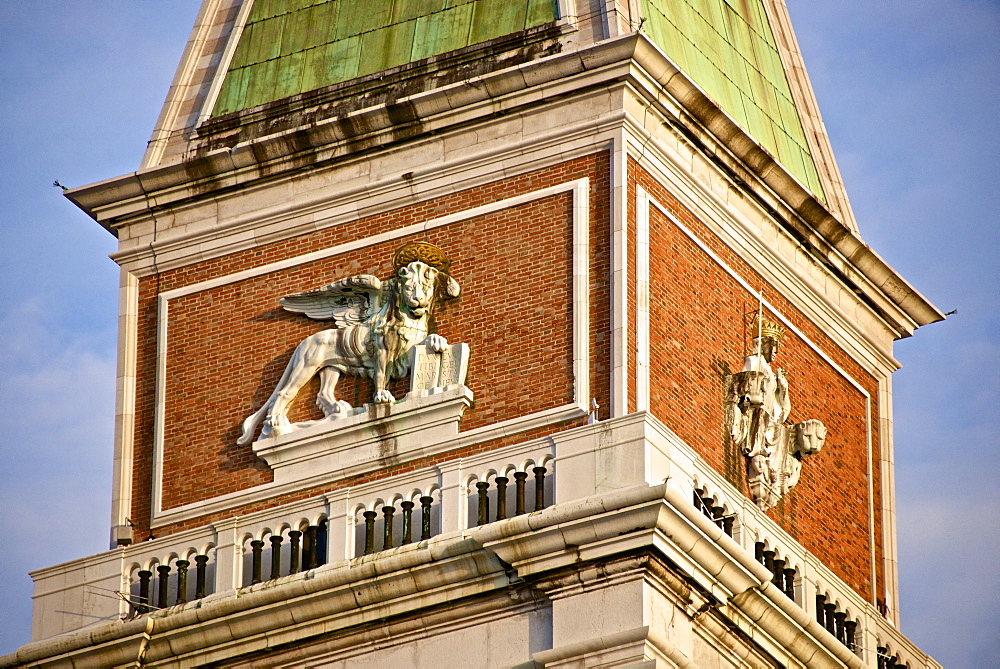 Lion of Venice, Campanile detail, Piazza San Marco, San Marco, Venice, UNESCO World Heritage Site, Veneto, Italy, Europe